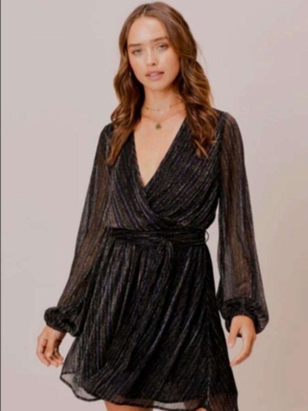 Lovestitch Shimmery Black With Multicolored Stripes Wrap Mini Dress